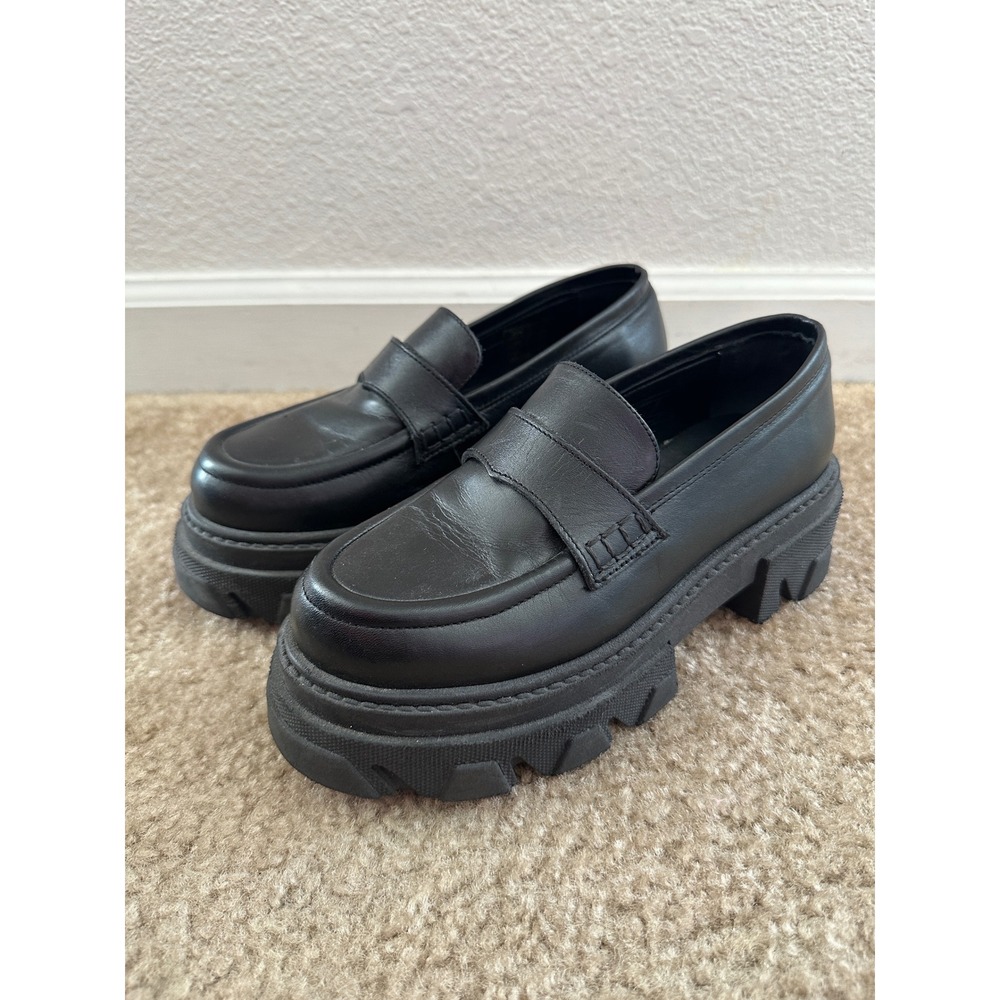 ALOHAS Platform Penny Loafers Women 37 Black Leather Lug Sole Academia